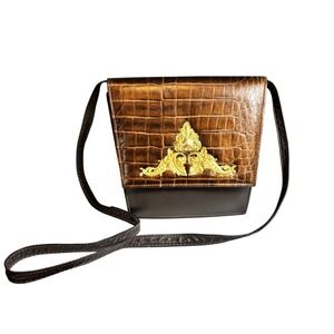 Vtg Paris Handbag Dark Brown Leather Croc Embossed Flap Crossbody Bag NY
